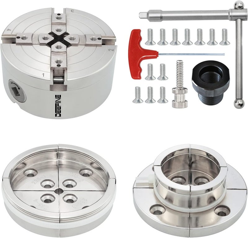DEEFIINE 4 Inch Wood Lathe Chuck Set 1" x 8 tpi thread & 3/4"x16TPI Adapter, Nickel Plated Self Centering 4 Jaw Wood Turning Chuck set (2PCS jaws) - Image 1